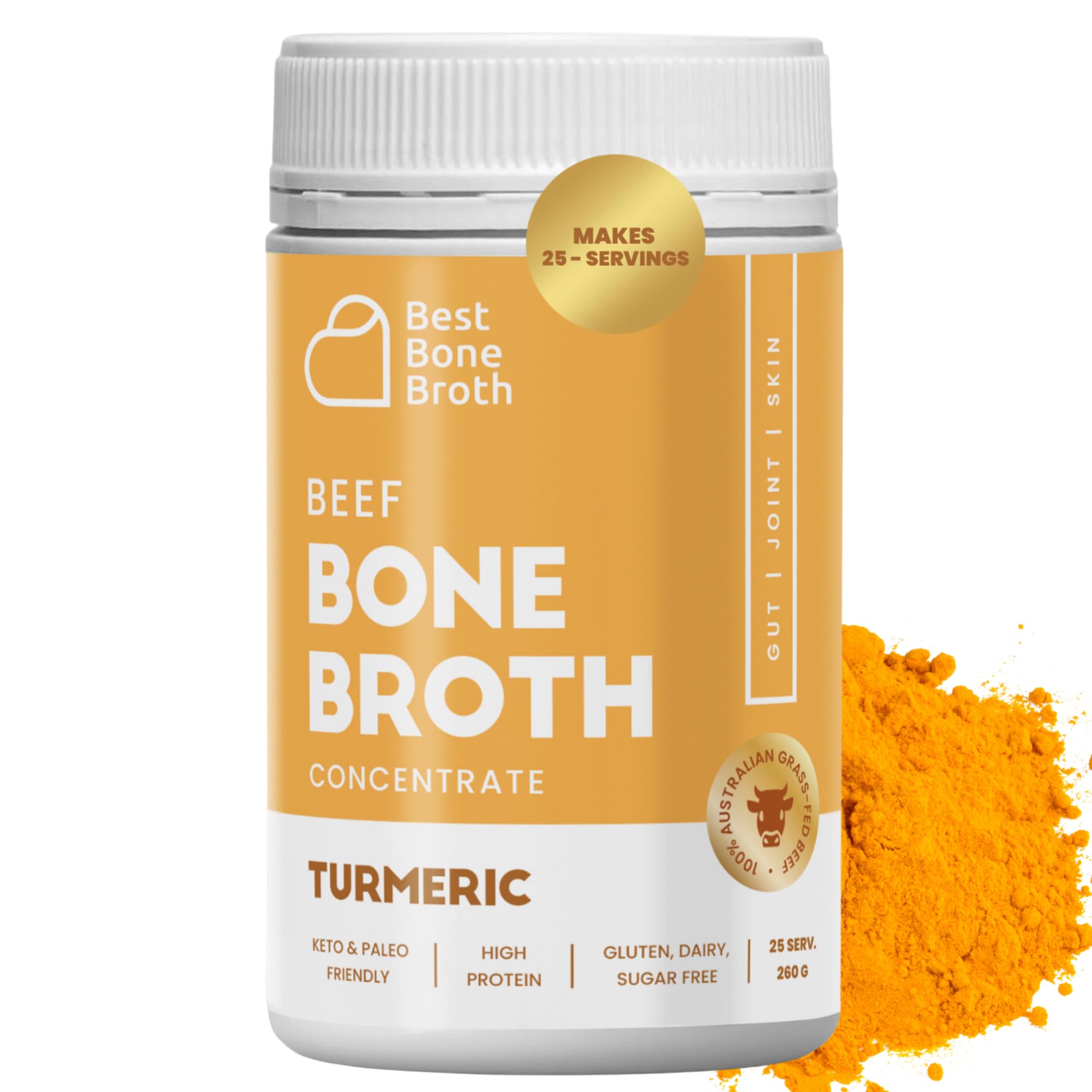 Best Bone Broth Premium Beef Bone Broth Concentrate Turmeric Flavour | Supports Joints, Skin & Gut | No Hormones or Additives | Delicious Natural Flavour | Sourced from AU & NZ Beef - 25 Servings