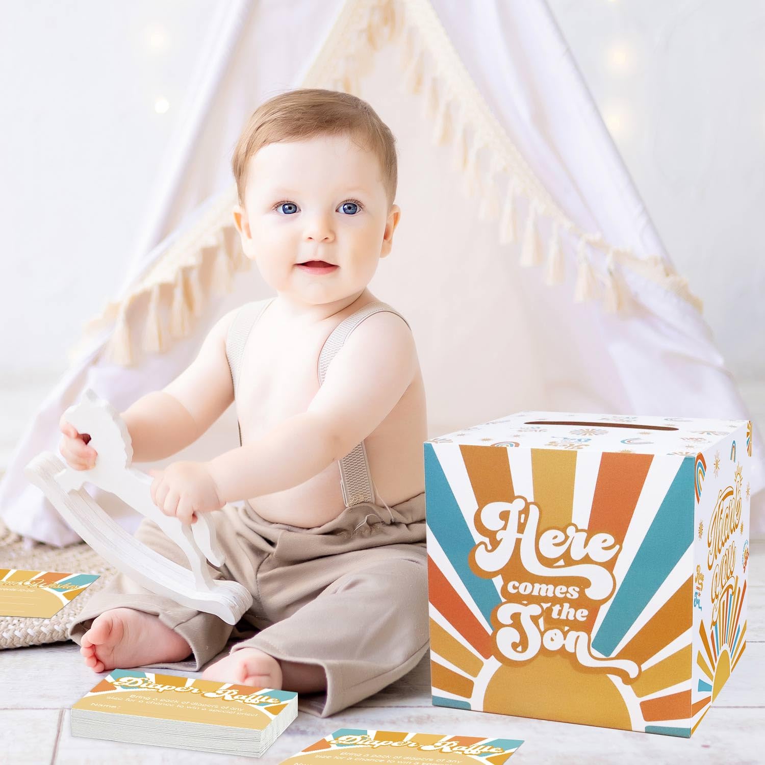 Lopeastar 50 Pcs Here Comes the Son Baby Shower Decorations Diaper Raffle Tickets With Box, Kraft Boho Sun Party Diaper Raffle Cards Box, Sunshine Baby Shower Games Kit for Boys Kids