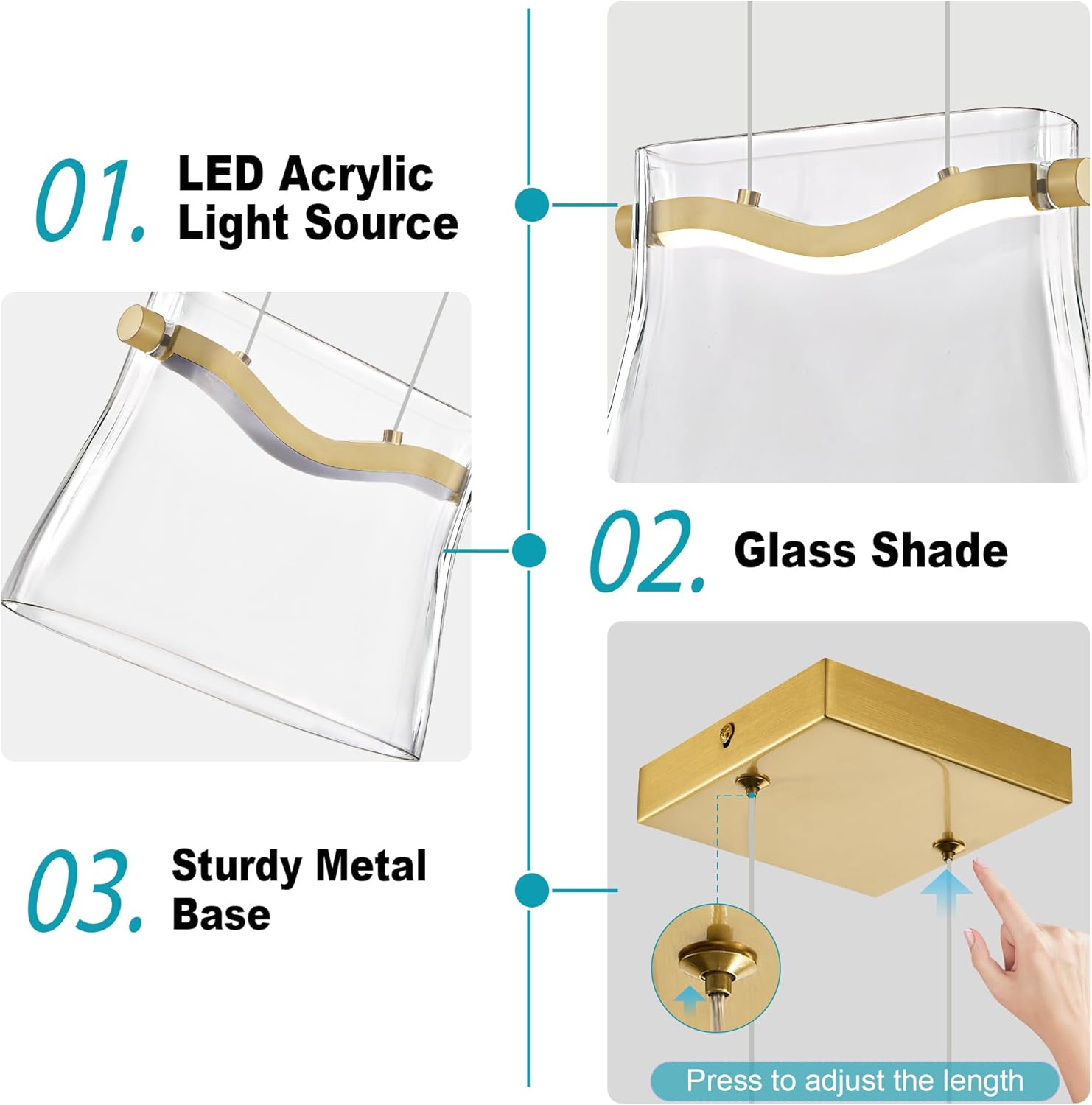 Modern Glass Pendant Light Kitchen Island 1 Pack, Gold LED Pendant Light Fixtures 3000K Dimmable with Clear Glass Shades, Adjustable Hanging Ceiling Light 9 Inch, ETL Certified