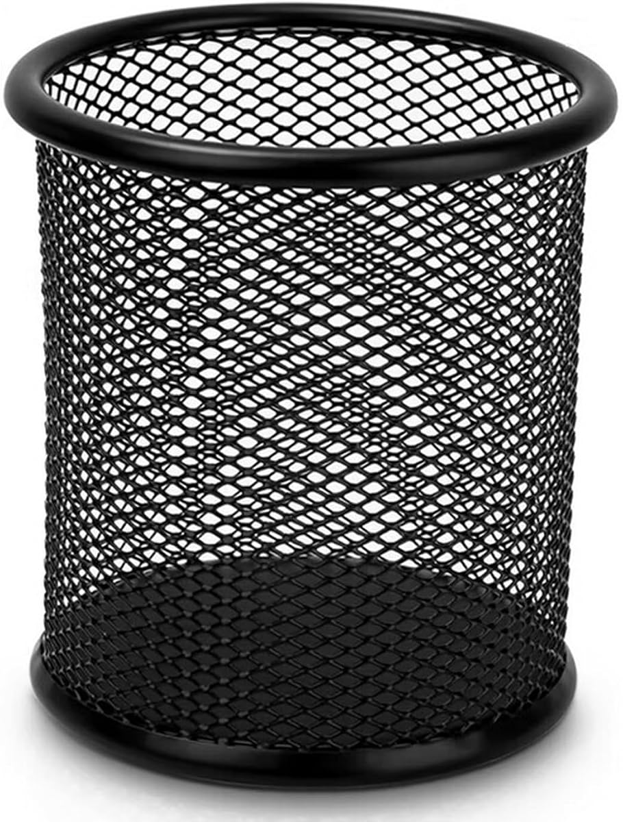 Wire Mesh Pen Cup, Black Metal Pencil Holder, Round Pen Organizer | Pencil Holder, Round Stationary Pen Stand Organizer for Desk Office Pen Storage, 3.5" x 3.9"
