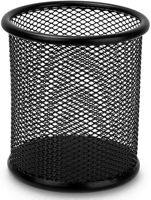 Wire Mesh Pen Cup, Black Metal Pencil Holder, Round Pen Organizer | Pencil Holder, Round Stationary Pen Stand Organizer for Desk Office Pen Storage, ‎3.5" x 3.9"