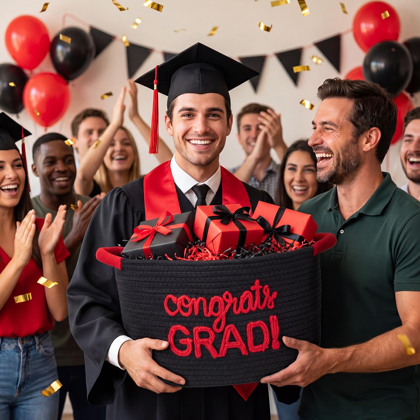 Colingmill 2026 Graduation Large Gift Basket Empty to Fill, 15"x10"x9" Congrats Grad Decorative Rope Storage Basket with Card, LED String Lights & Paper Filler, DIY Graduation Gift(Black Red)