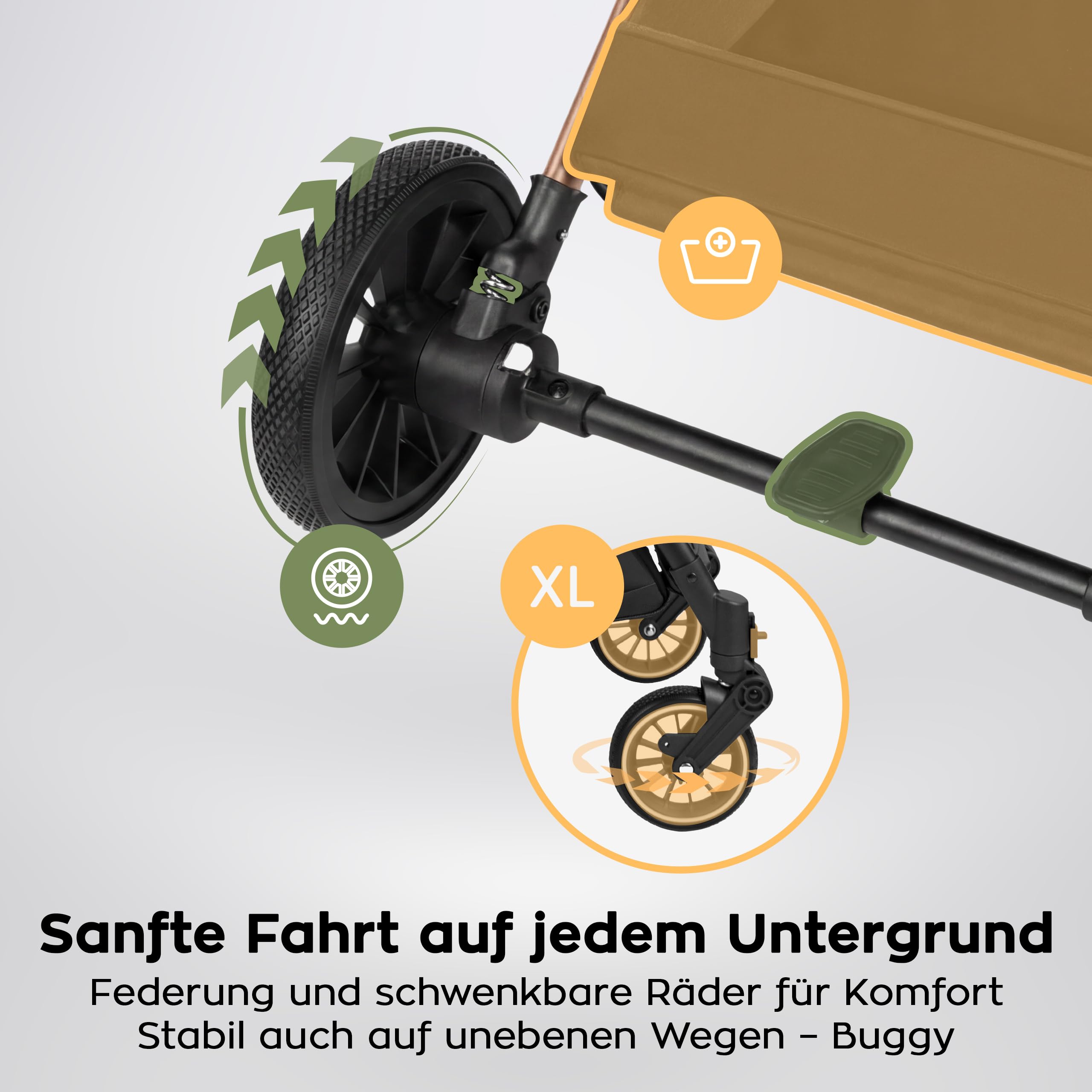 TULANO Lagos 35 Kinderwagen Buggy Klein Zusammenklappbar Reisebuggy mit Liegefunktion Trolley-Funktion Zubehör Flugzeug Handgepäck Baby Buggy bis 15 kg Beige/Geld