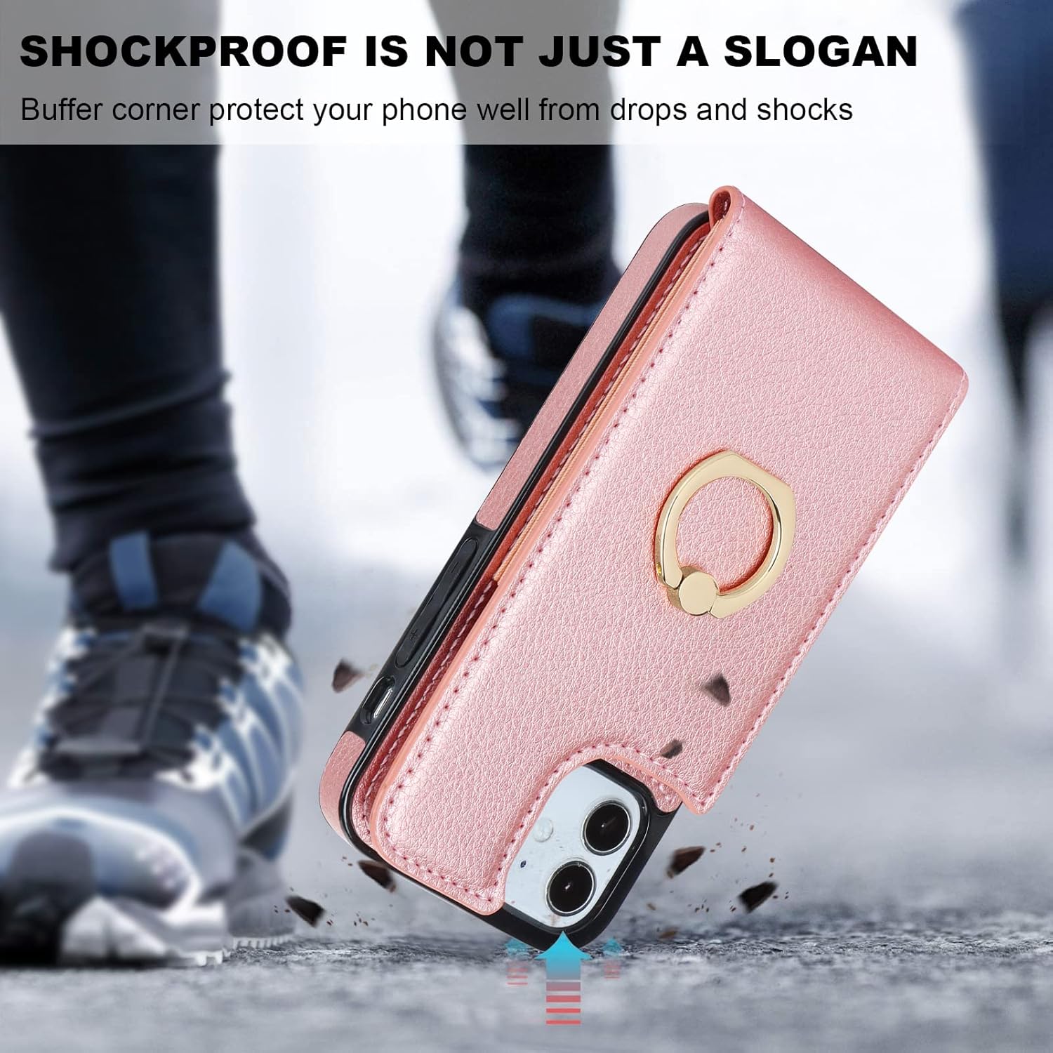 Folosu Compatible with iPhone 12 Mini Case Wallet with Card Holder, 360°Rotation Finger Ring Holder Kickstand Protective RFID Blocking PU Leather Double Buttons Flip Shock Cover 5.4 Inch Rose Gold