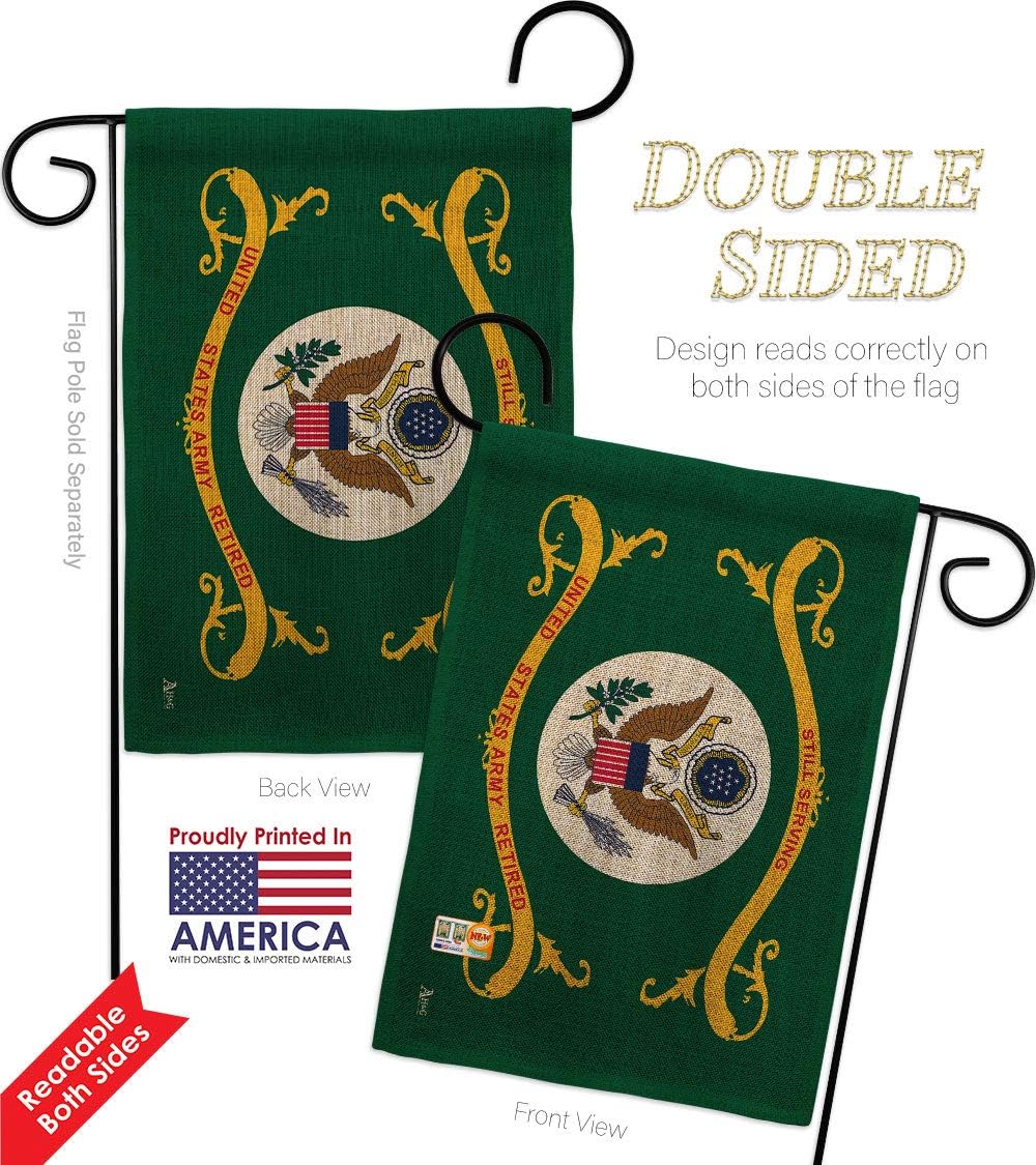 Army Retired Burlap Garden Flag Set Wood Dowel Armed Forces Rangers United State American Military Veteran Retire Official Small Decorative Gift Yard House Banner Double-Sided Made In USA 13 X 18.5