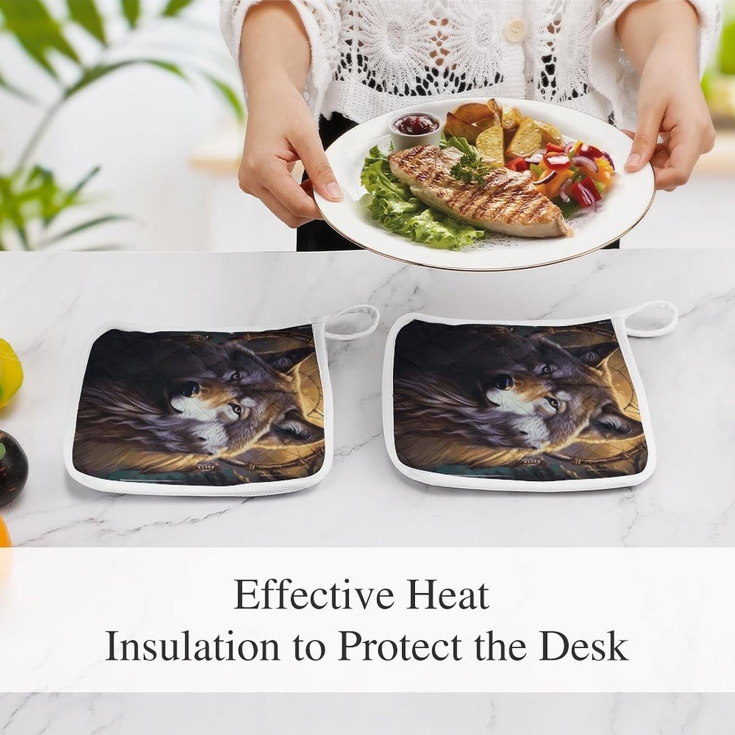 Wolves And Dream Catchers Polyester Heat Resistant Pot Pad Non Slip Anti Scald Hot Dish Mat Reusable Table Protector for Kitchen Hot Pot Mat Wear Resistant Heat Proof Table Pad for Countertop Dining R
