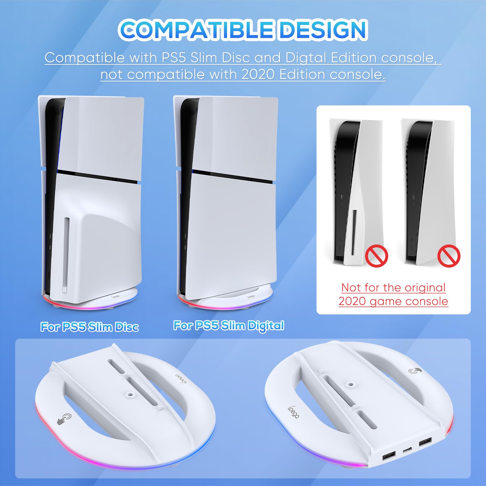 Auarte RGB Standfuß für PS5 Slim, Vertikaler PS5 Slim Ständer für Playstation 5 Slim Disc & Digital Edition Konsole, 2 USB Hub, 14 Lichteffekte