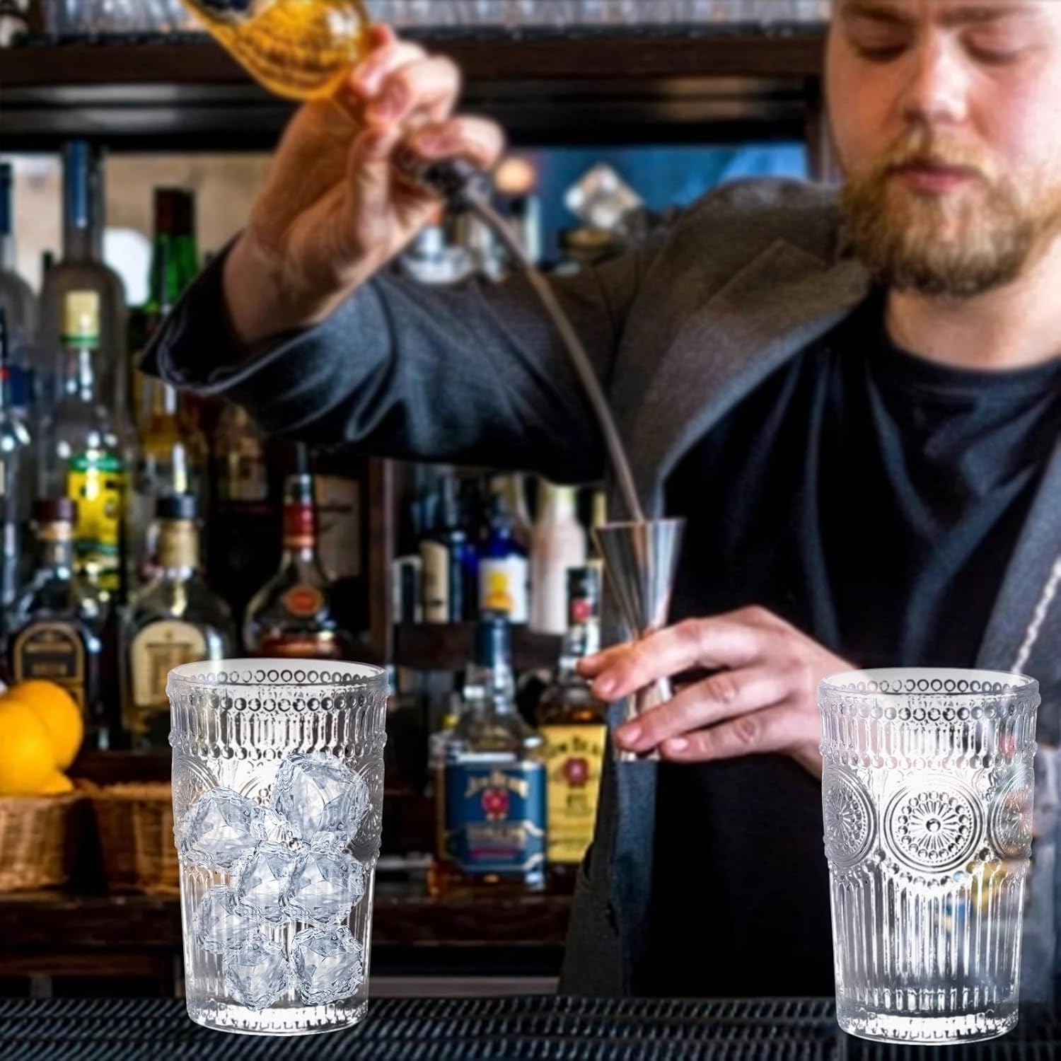 Vintage Glassware Romantic Drinking Glasses - 12 oz Cocktail Glasses Set of 6 Embossed Water Glasses Drinking Perfect Glass Cups for Coffee, Cocktails, and Beverages Dishwasher Safe Ideal Gifts - Image 6