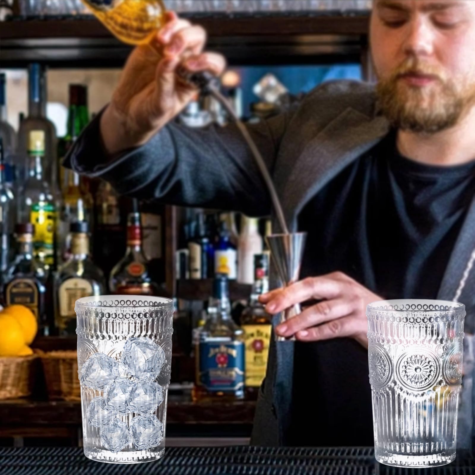 Vasos románticos de cristalería vintage – Juego de 6 vasos de cóctel de 12 onzas en relieve, vasos de vidrio perfectos para café, cócteles y bebidas, aptos para lavavajillas, regalos ideales