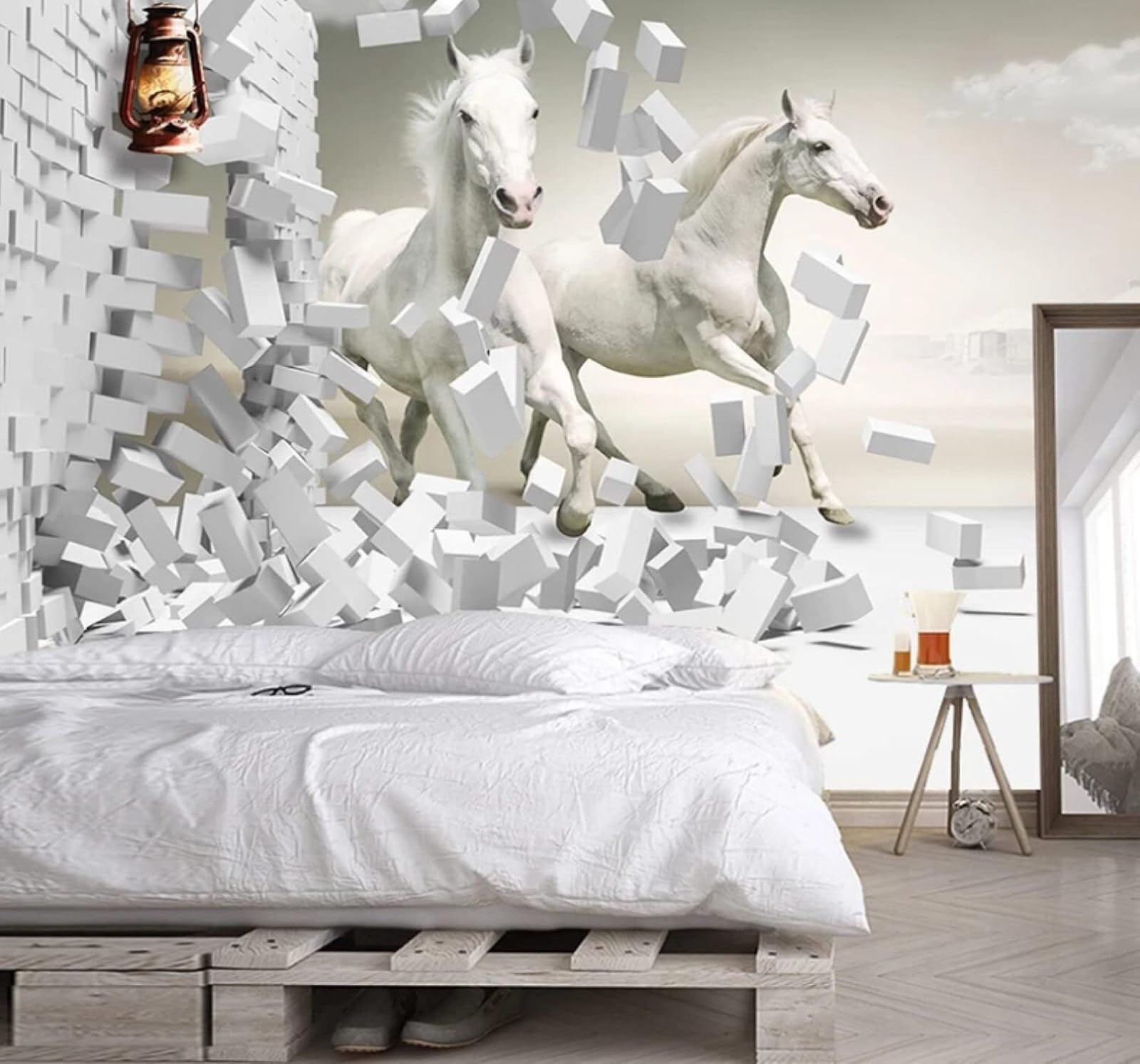 XLMING Minimalist Three Dimensional Spatial White Horse Art 3D Wallpaper Luxury Silk Study Dining Feature Sofa Grey Bedroom Living Room Tv Decorative Wall-250cm×170cm