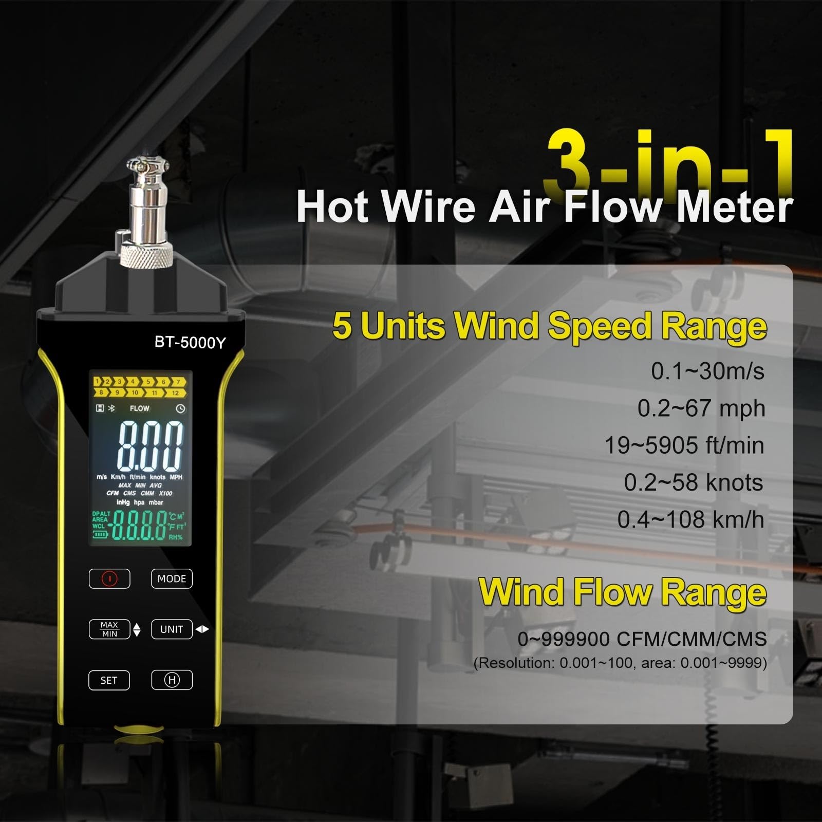 Anemómetro de alambre - Medidor de flujo de aire digital CFM/CMM, medidor de velocidad del viento medida 0,2~67 Mph, anemómetro térmico con giro de 360°