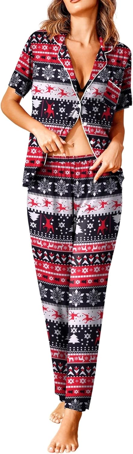 Avidlove Women Pajamas Set Notch Collar Soft Sleepwear Pjs Short Sleeve Button Down Nightwear with Long Pants