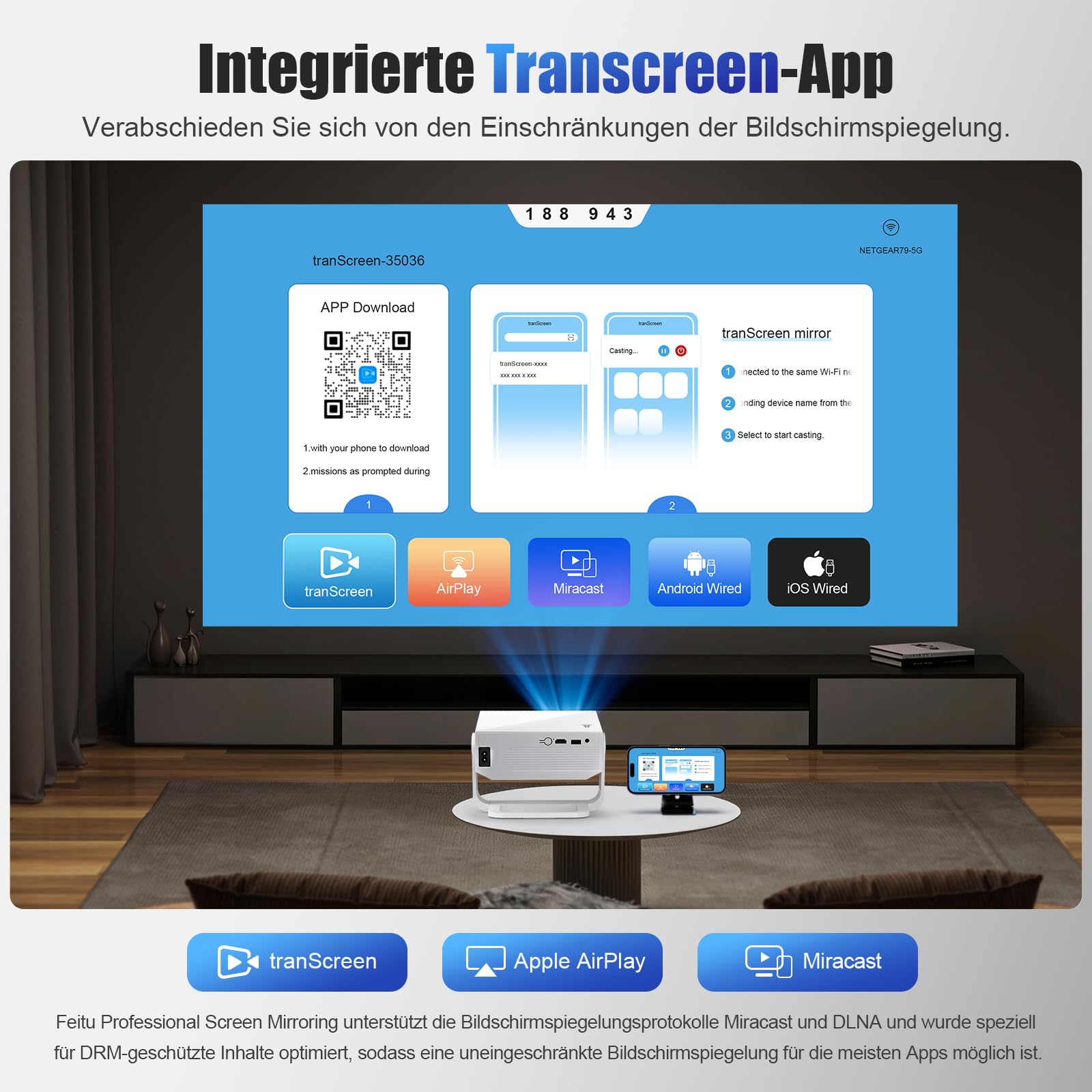ZDK 2026 Upgrade Mini Beamer Integrierte Apps, Android 14, unterstützt 4K 1080P, Trapezkorrektur, WLAN&BT Beamer 4K Heimkino, Projektor Tragbarer mit um 270° drehbarem Ständer, Kompatibel Laptop/Handy