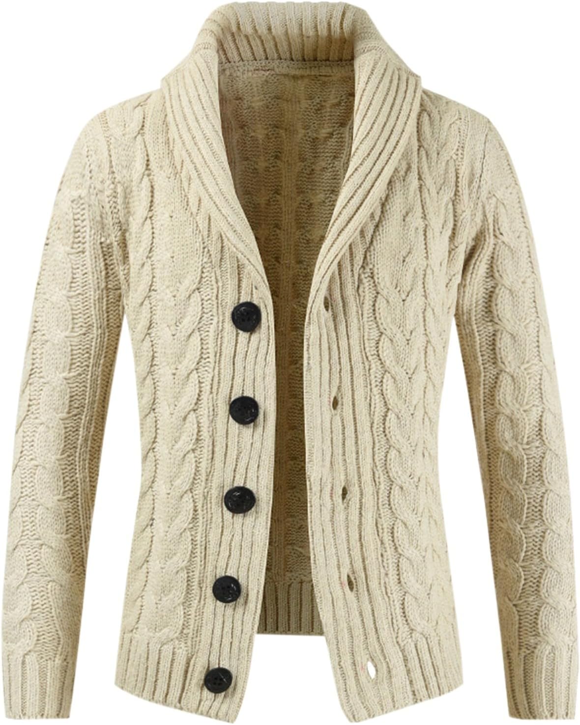 Button Up Knitted Cardigan Sweater for Men Twisted Knit Shawl Collar Long Sleeve Casual Cardigan Open Front Knitwear