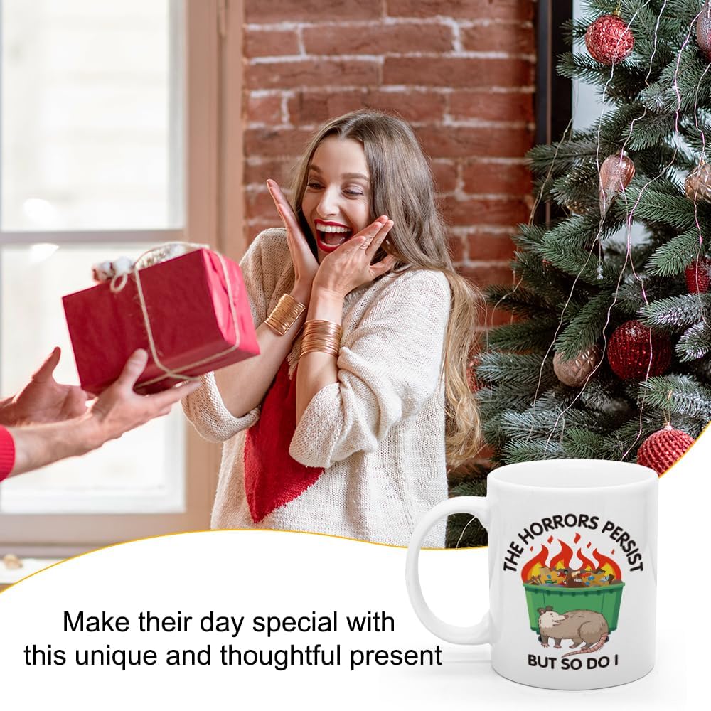 XQLZY The Horrors Persist But So Do I Funny Sarcastic Coffee Mug, Opossum Dumpster Fire Vibes Coffee Cup, Mental Health Gift for Men Women, Motivational Gifts for Men Women Friend Coworker Boss - Image 6