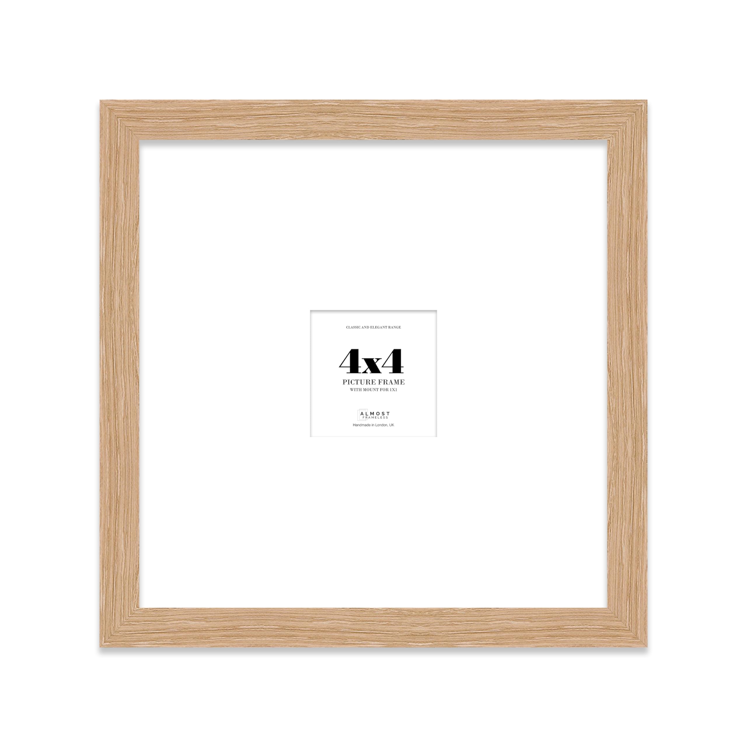 Almost Frameless 4x4 Square Picture Frame, Display Pictures 1x1 With Mat or 4x4 Without Mat, Wall Hanging & Free Standing Photo Frame, Oak, 1 Pack