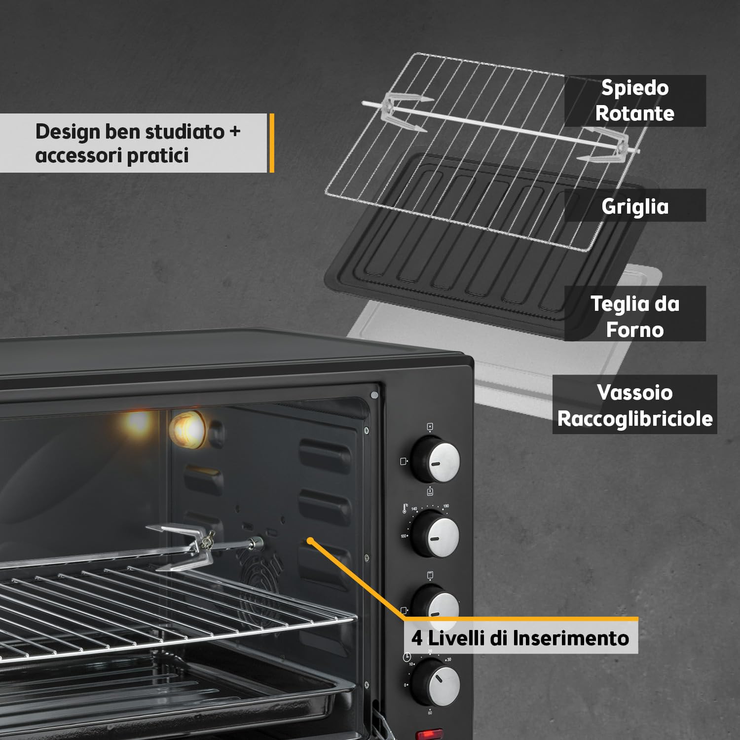 TZS First Austria - Mini Forno 60L 2000W - Fornetto spazioso per pizza con temperatura fino a 230°C e 6 modalità - Con timer di 60 min, 4 altezze di inserimento, teglia, griglia e spiedo rotante