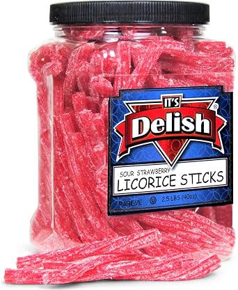 Sweet & Sour Strawberry Licorice Sticks by Its Delish, 2.5 LBS 40 Oz Jumbo Container Jar Chewy Red Strawberry Lightly Sour Candy Twists Great Gifts Party Sweets Made in USA, Vegan, Kosher
