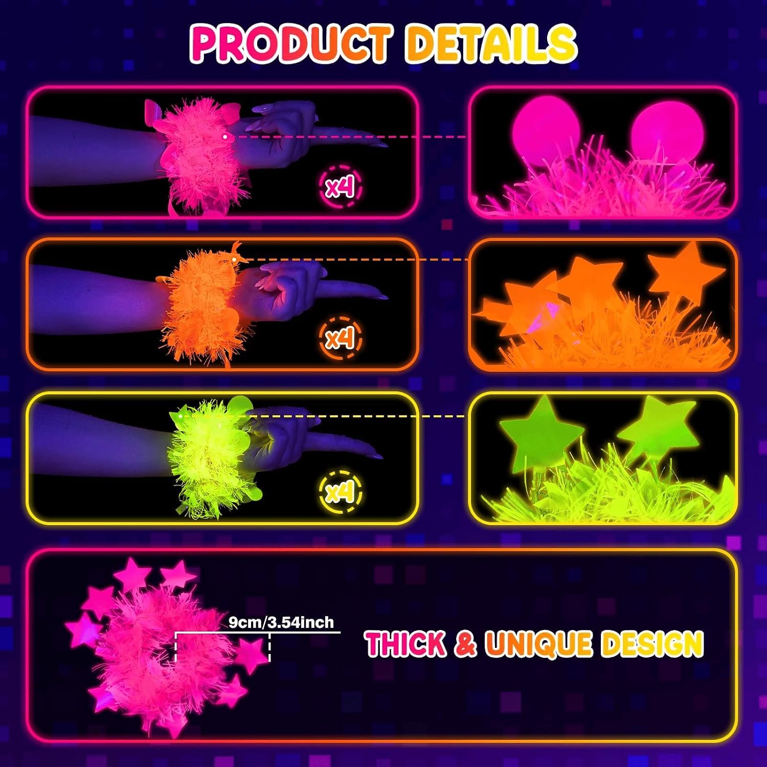 Mega-L 12 Pcs Glow in The Dark Bracelet, Glow in The Dark Party Supplies | Neon Fluorescent Blacklight Bracelet Party Favors, Halloween Glow Photo Booth Props Bracelets Accessories for Women, Adult