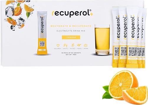 Recuperol Electrolytes Sachets | Electrolytes Powder for Rehydration | 60 Sachets | Sugar-Free Hydration Powder | Zinc, Vitamin C, B12, D3, Potassium | Natural Orange Flavour