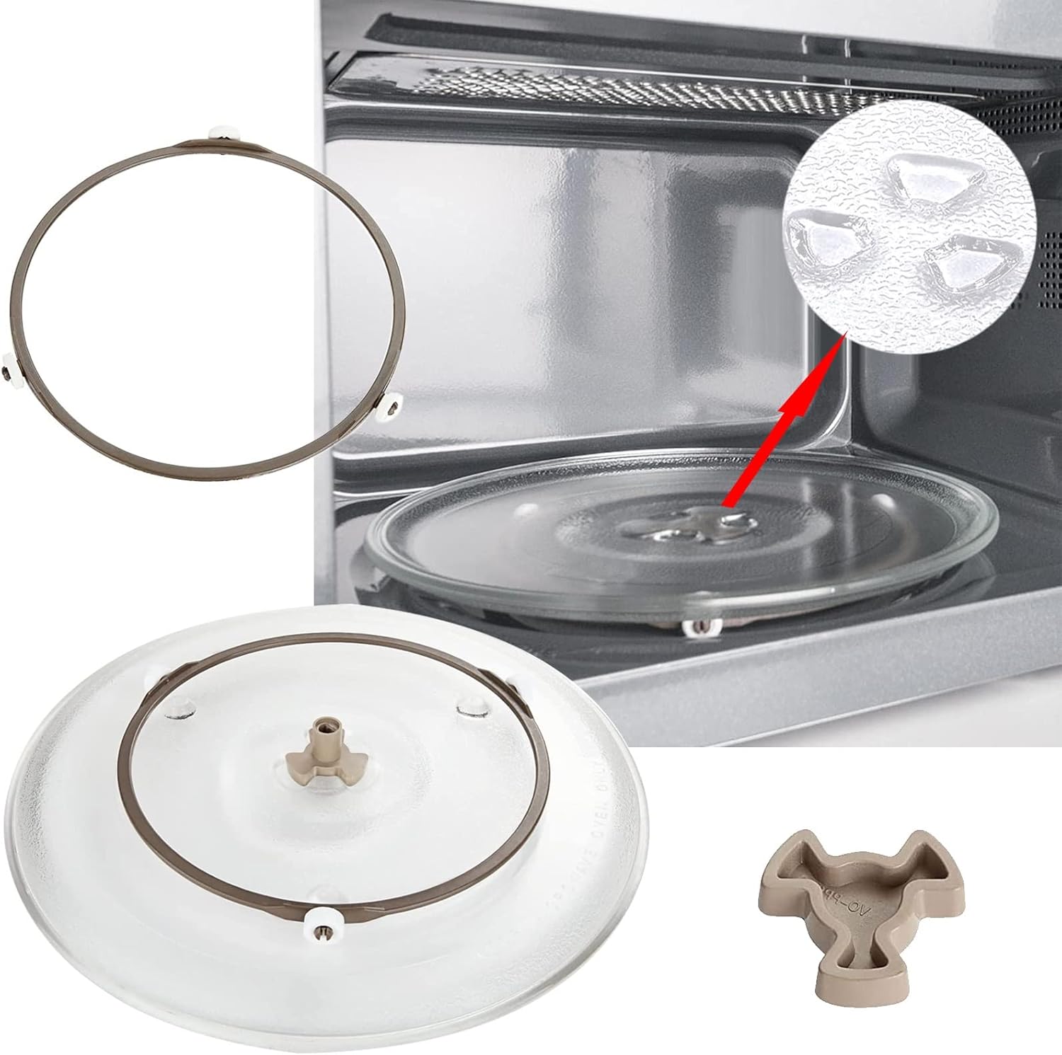 Microwave Glass Tray Abrasion Resistants Microwave Plate Replacement With Turntable Motor Couple And Microwave Turntable Ring, For Small Microwaves, Replacement Flat Base Glass Tray