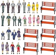 50 Painted Model People Figures and 6 Bench Set, 1:50 Scale Seated and Standing Passengers for O Scale Model Train Railway Layout Scenery Diorama
