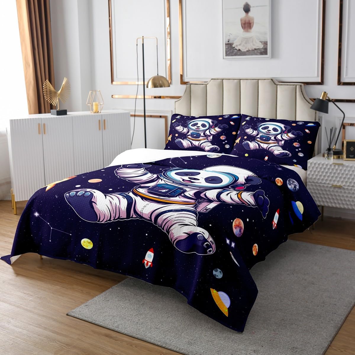 Cartoon Panda Coverlet Set Chic Astronaut Quilted Coverlet Starry Galaxy Rocket Comforter Set Bedspreads Quilt Set for Children Kids Coverlet Set,Twin Size 2 Pcs