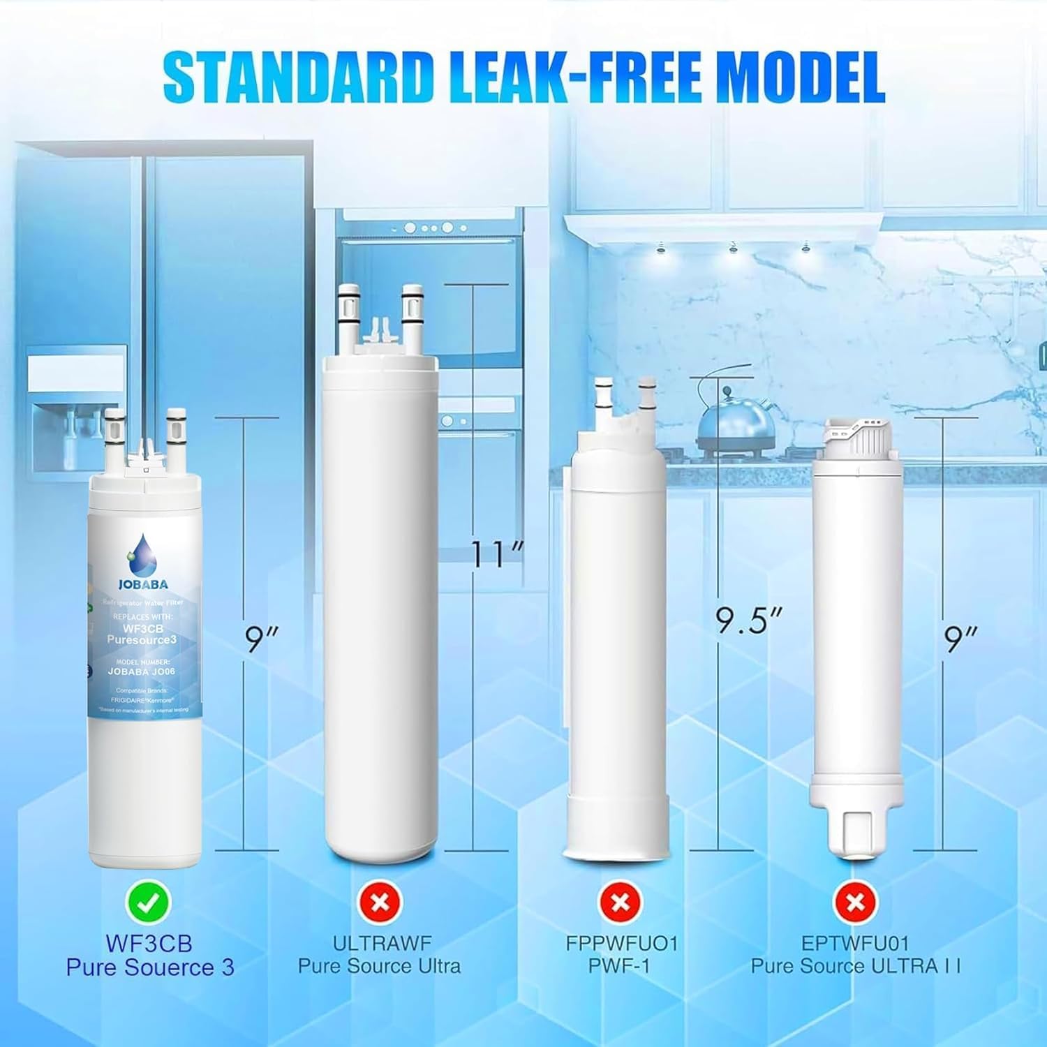 WF3CB Water Filter Replacement - Compatible with Frigidaire WF3CB, PureSource 3, 706465, 242086201, 242069601, PS3412266, AP4567491 Water Filter Replacement, Height 9 Inches, 2 Pack
