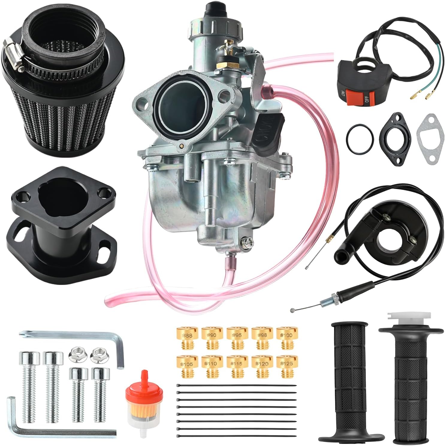 VM22 Carburetor Carb Predator 212cc carburetor Throttle Cable Handle Grips and Cable Set 22 mm/0.87 With 38mm Air Filter And 26mm Inlet Pipe Main Jets Kit (BLACK)