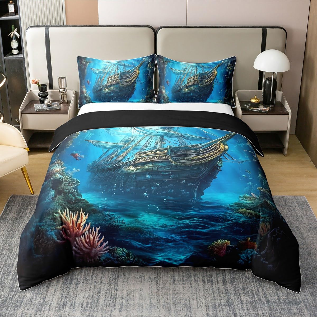 Sailboat 100% Cotton Bedding Set,Sail Boat Pirate Duvet Cover Super King for Kids Teen Adults,Sailing Ship Coastal Bed Set,Teal Marine Quilt Cover with 2 Pillow Cases for Bedroom