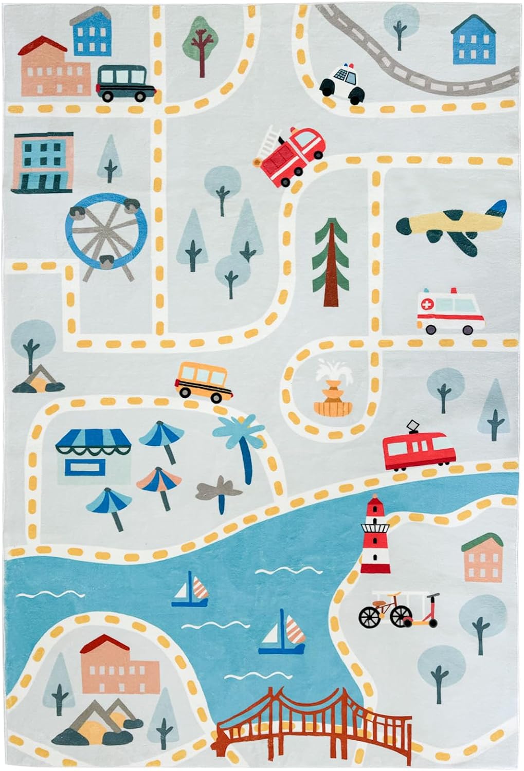 ABREEZE Cartoon River Town Car Track Rug Game Carpet for Boys and Girls Bedroom Living Room Decoration Rug Imitation Cashmere Soft Fluffy Non-Slip Washable, 47"x71"
