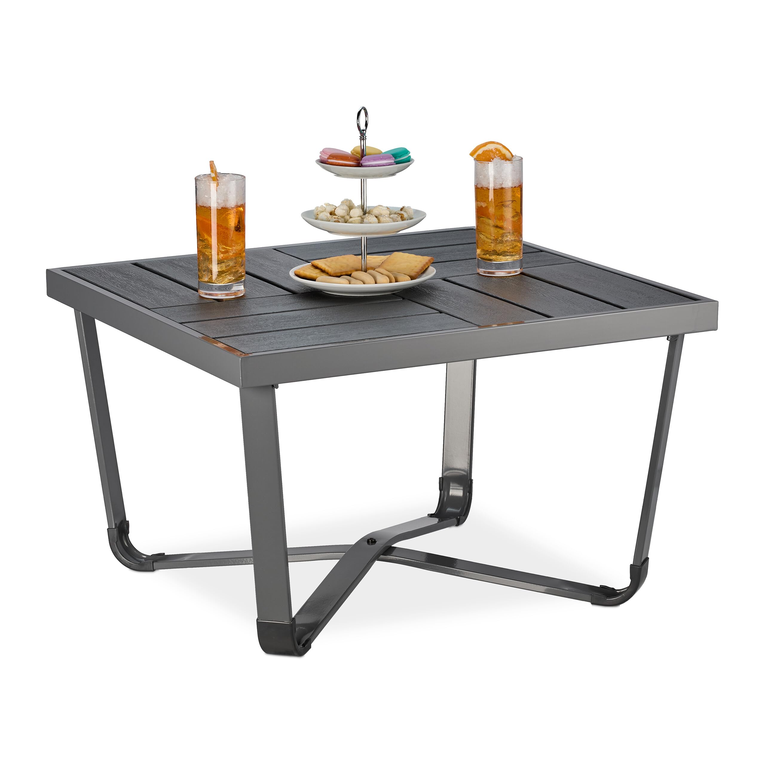 Relaxdays Mesa de Jardín, 38x62x62cm, Mesita Balcón, Efecto Madera, Plástico y Acero, Mesilla Terraza y Exterior, Gris