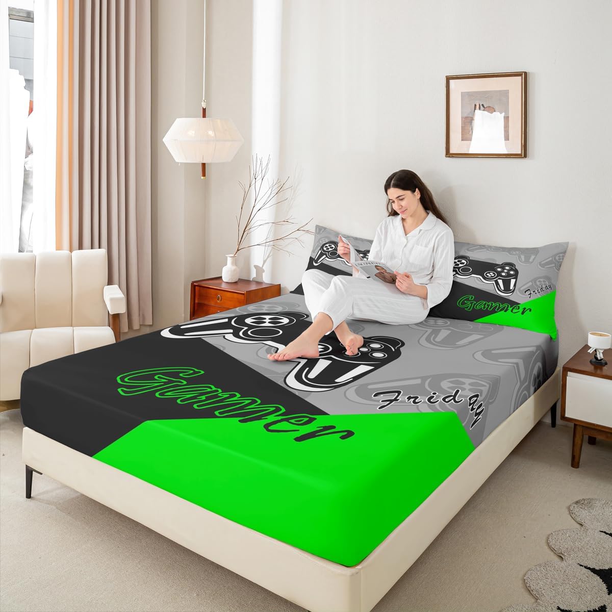 Feelyou Kids Gamer Bed Sheets Set Boys and Girls Gaming Bedding Set Video Game Controller Fitted Sheets 4Pcs with 2 Pillowcases Green Black (Queen)