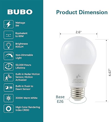 Miniatura 2 de BUBO Bombillas con sensor de movimiento, equivalente a 60 W, A19 del anochecer al amanecer, bombilla LED para exteriores de 3000 K, luz blanca