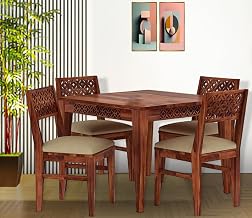 Sheesham Wood 4 Seater Dining Table with 4 Cushion Chairs for Living Room Home Office Dining Room Wooden Furniture CNC Design Dinner Table Set (Honey Finish) | 1 Year Warranty