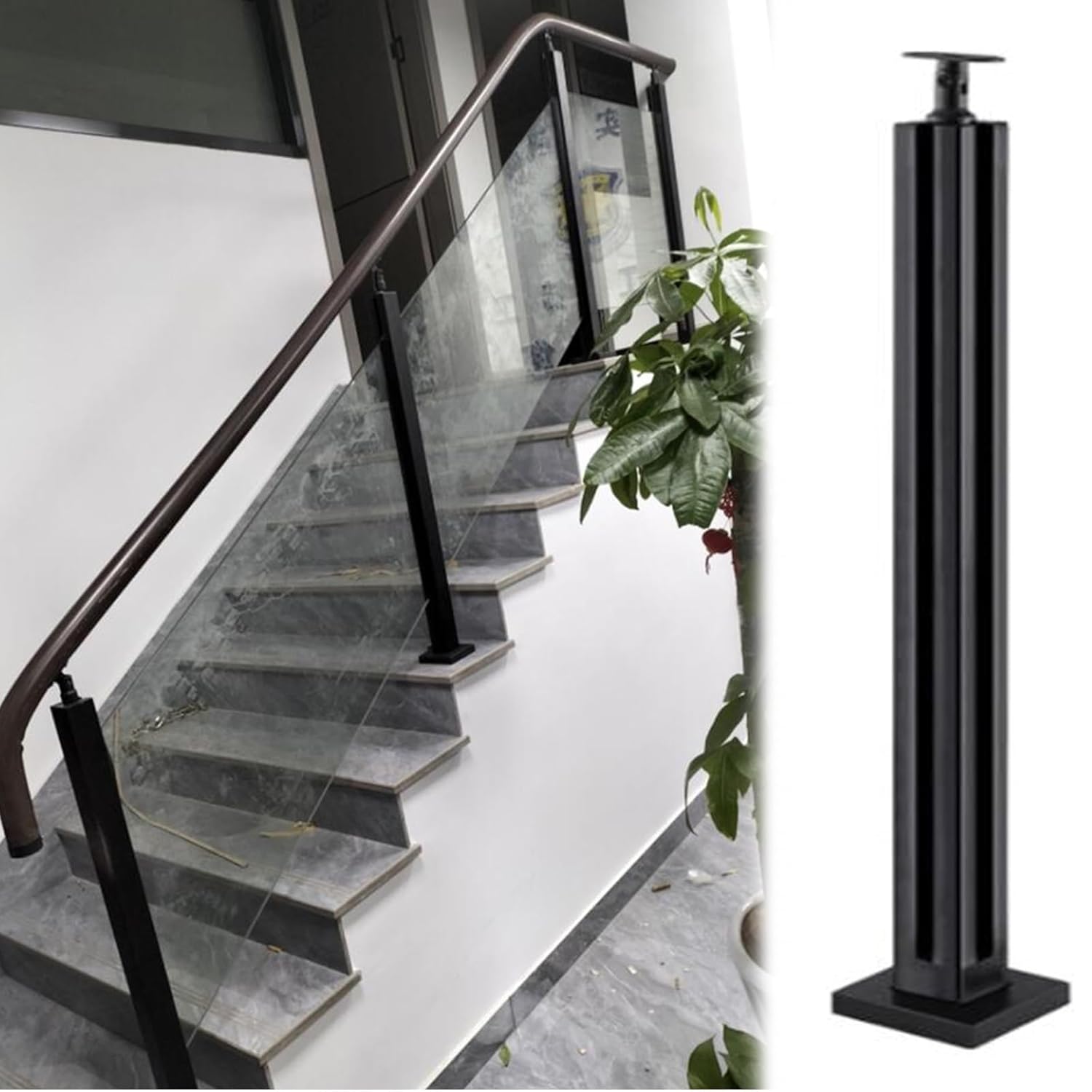 Stair railings,Black Glass Railing Post for Indoor Stair/Outdoor Steps, Square Glass Panel Clamp Stair Banister Post, Stainless Steel Deck Balusters System