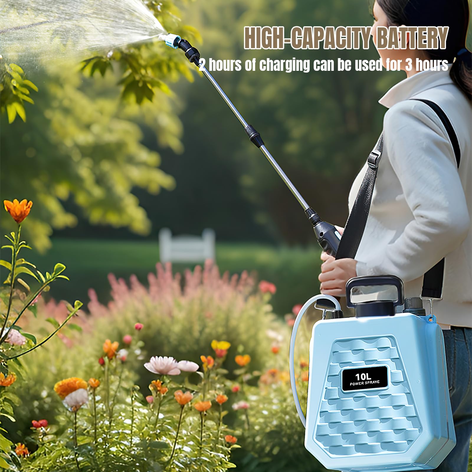 Spruzzatore elettrico da 5 litri alimentato a batteria, manico ricaricabile USB, tracolla per esterni, 3 ugelli nebulizzatori, spruzzatore portatile da giardino con bacchetta retrattile (10 L, verde)