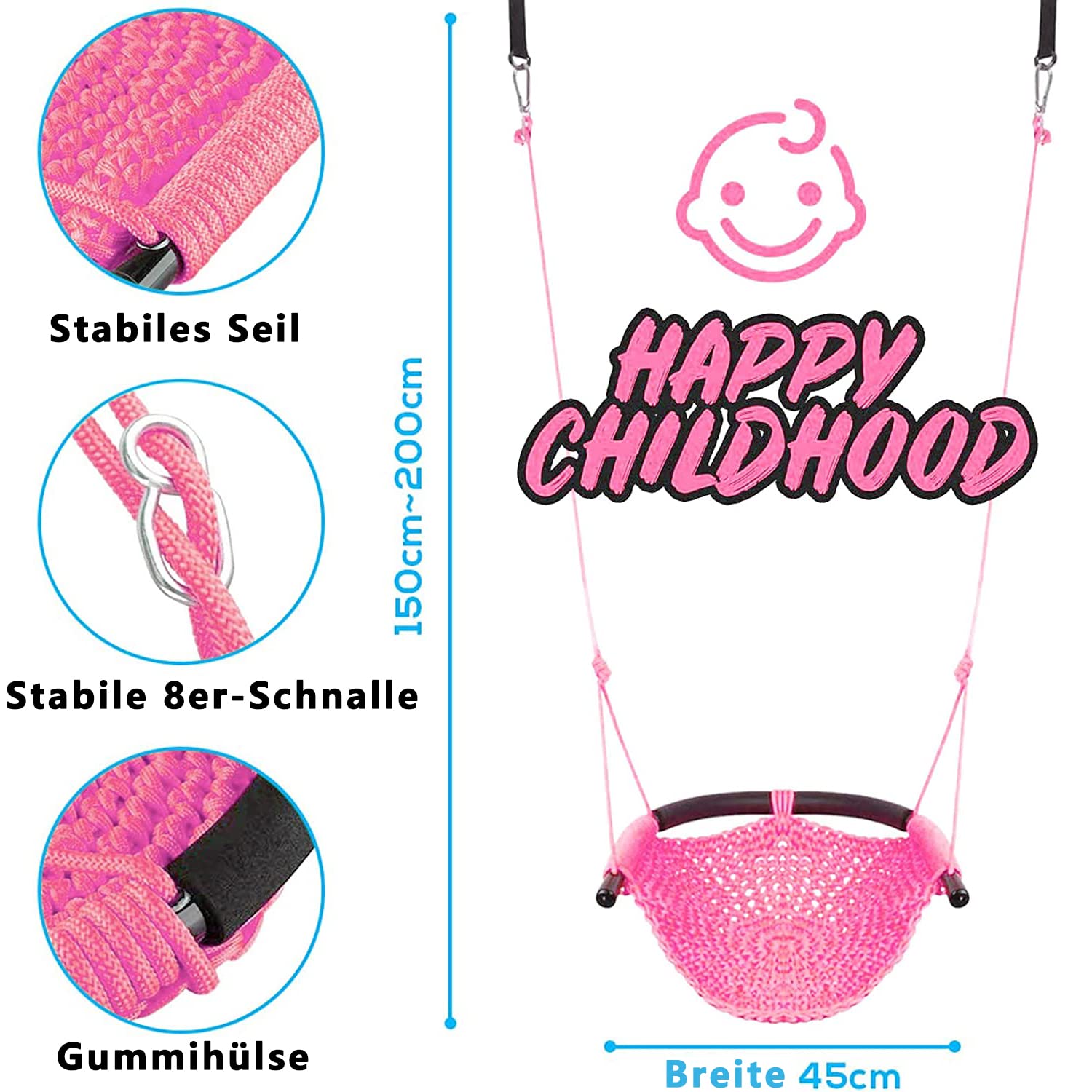Columpio Infantil Exterior,Asiento de Columpio para Niños,Ajustable en Altura,Mano Ideal para árboles, Interior Al Exterior, Jardin,Patio De Juegos, Patio(Color: Rosa)