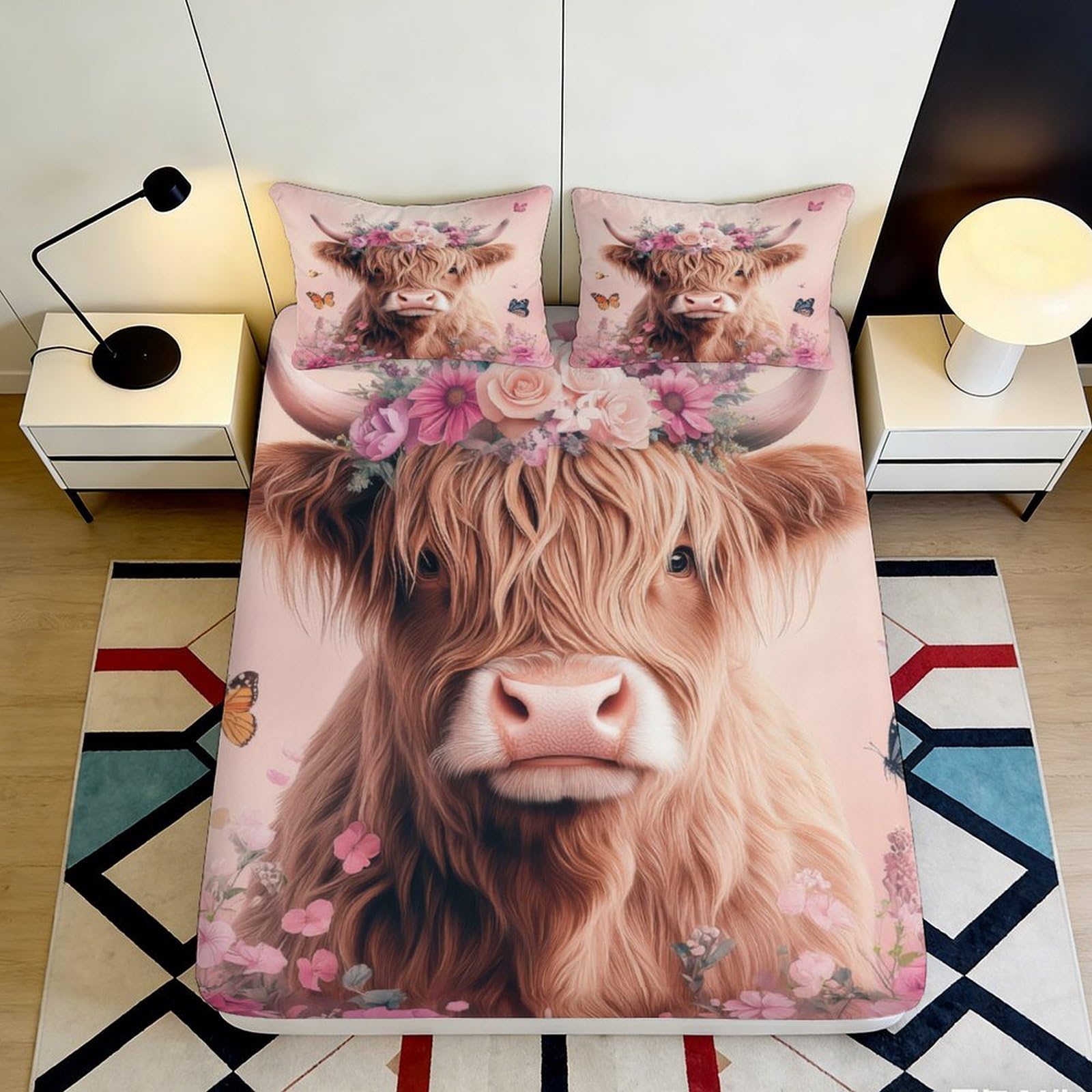3D Printed Highland Cow Fitted Sheet Microfiber Soft Anti-Slip Floral Bull Mattress Cover for Bedroom Guest Room Decor 90x200x25cm