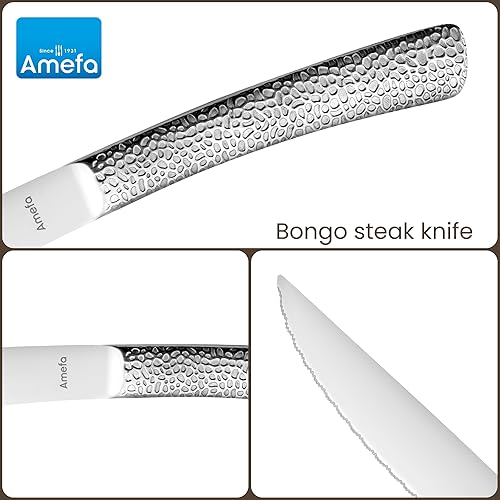 Miniatura 6 de Amefa Bongo - Juego de 6 cuchillos para carne, acero inoxidable endurecido de alta calidad, diseño de mango ergonómico martillado, borde micro