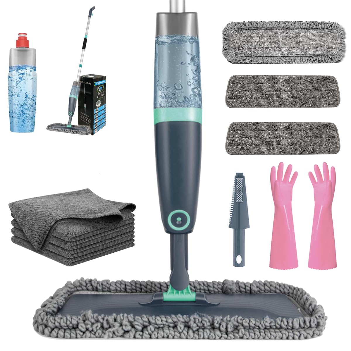 Spray Mop for Floor Cleaning with Large 580ml Refillable Bottle with 3pcs Wet Dry Washable Pads - 3pcs Microfiber Cleaning Cloth - 1Pair Cleaning Gloves for Wood Floor Hardwood Laminate Ceramic Tiles