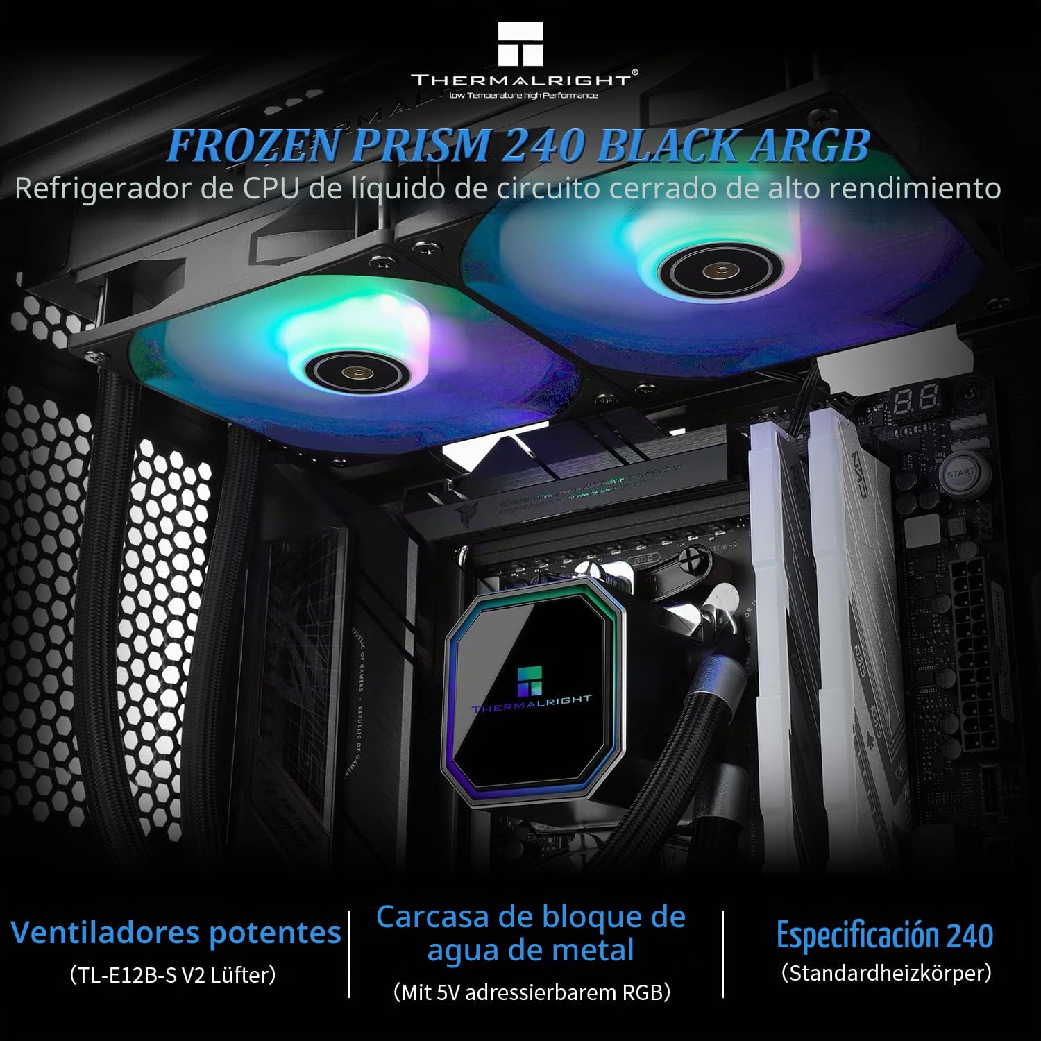 Thermalright Frozen Prism 240 Negro ARGB CPU Enfriador de agua con dos ventiladores PWM, bomba de agua velocidad es de 2800RPM, Para AM4/AM5, Intel lga1150/1155/1200/1700/1851