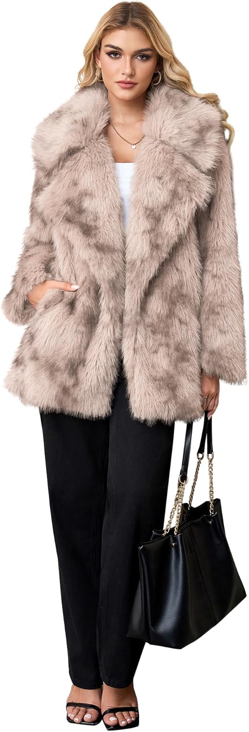 Women's Winter Faux Fur Coat Mid Long Open Front Long Sleeve Fluffy Jacket With Pockets