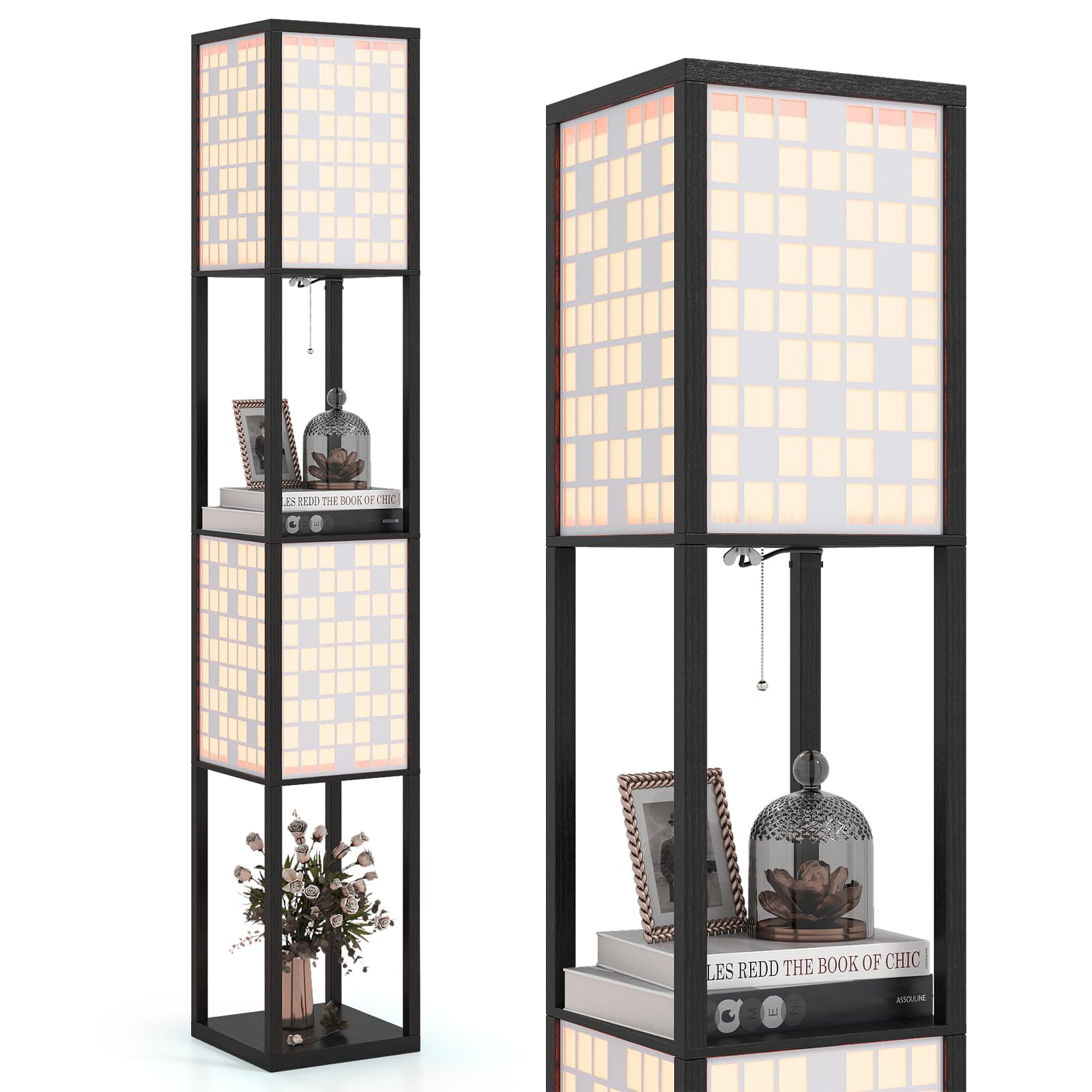 TANGZON Floor Lamp with Shelves, 2/3 Layers Wooden Shelf Tall Standing Light with E27 Holders & Lampshades, Corner Standard Lamp for Living Room Bedroom (2 Shelves, 2 Grid Pattern Acrylic Shades)