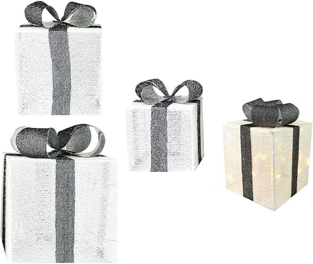 YöL 3 Gift Parcels Set LED Christmas Decoration Garden Home White Grey 3 Sizes Boxes Outdoor Indoor
