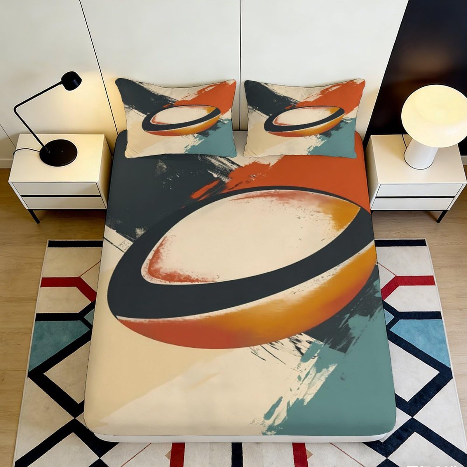 3D Printed Abstract Orange Blue Fitted Sheet Microfiber Soft Breathable Artistic Bed Cover for Bedroom Dormitory Guest Room Mattress Protection 160x200x25cm
