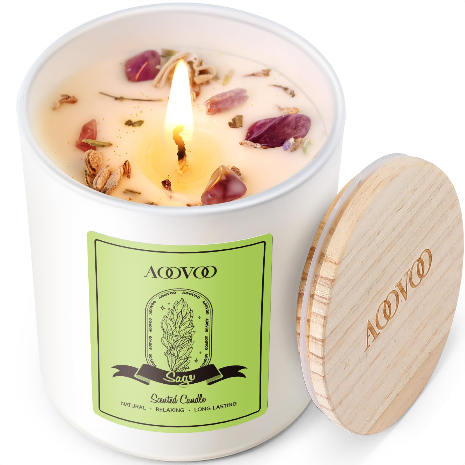 AOOVOO Lavender Scented Candles for Women - 20oz 3 Wick Soy Candles for Home Scented, Aromatherapy Candle with Crystals Inside, Birthday Gifts Christmas Candle for Women Mom: Sage Scented Candles 10oz