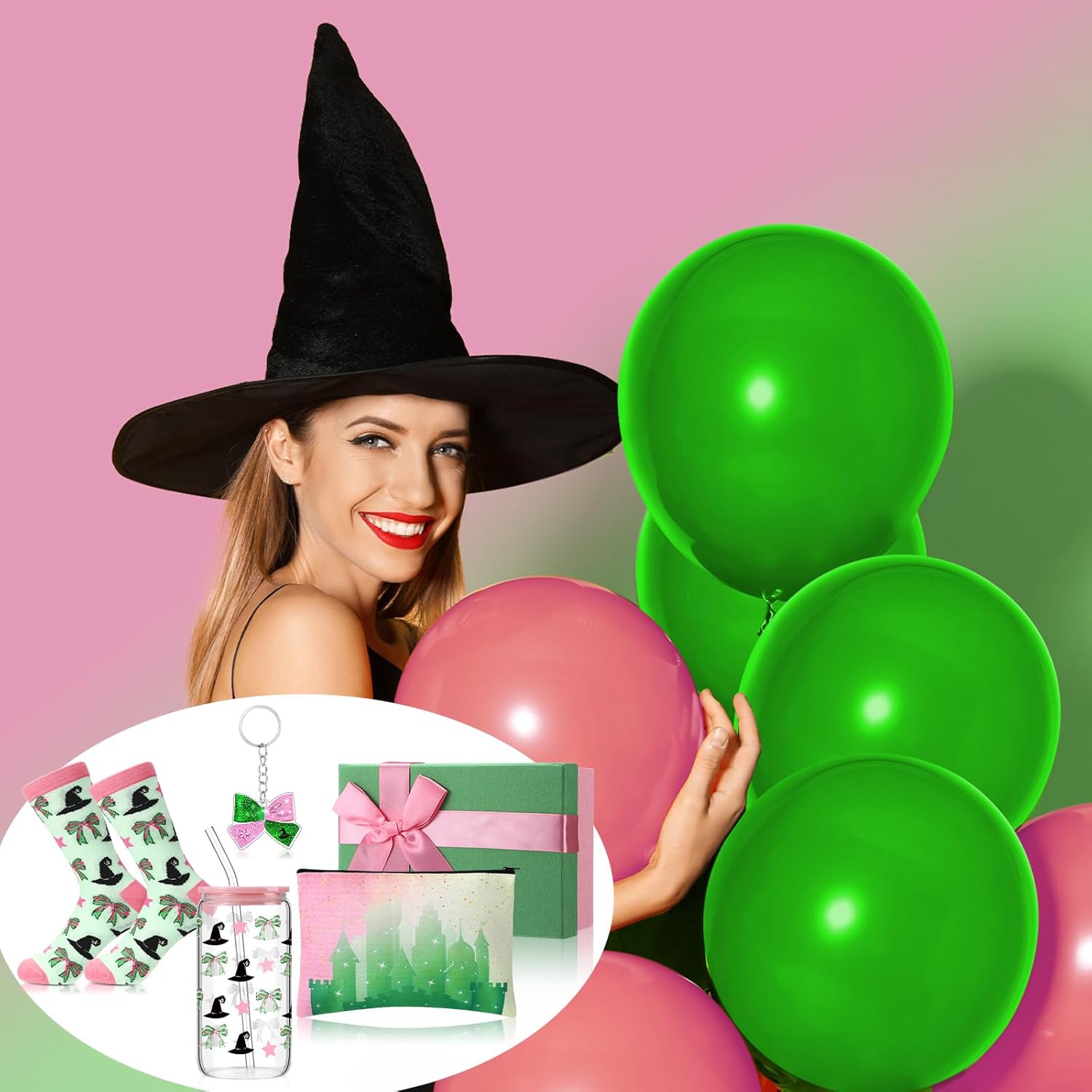 Boao 5 Pcs Pink and Green Gift Set with Glass Cup Socks Cosmetic Bag Keychain Box Witch Stuff Pink and Green Themed Birthday Party Supplies for Castle Fantasy Princess Witch Gifts - Image 4