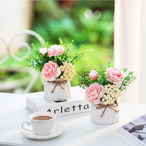Miniatura 2 de BLOSMON Decoración de mesa, florero de flores artificiales de 7 pulgadas, pequeño arreglo floral rosa falso, 2 piezas para mesas, centros de mesa,