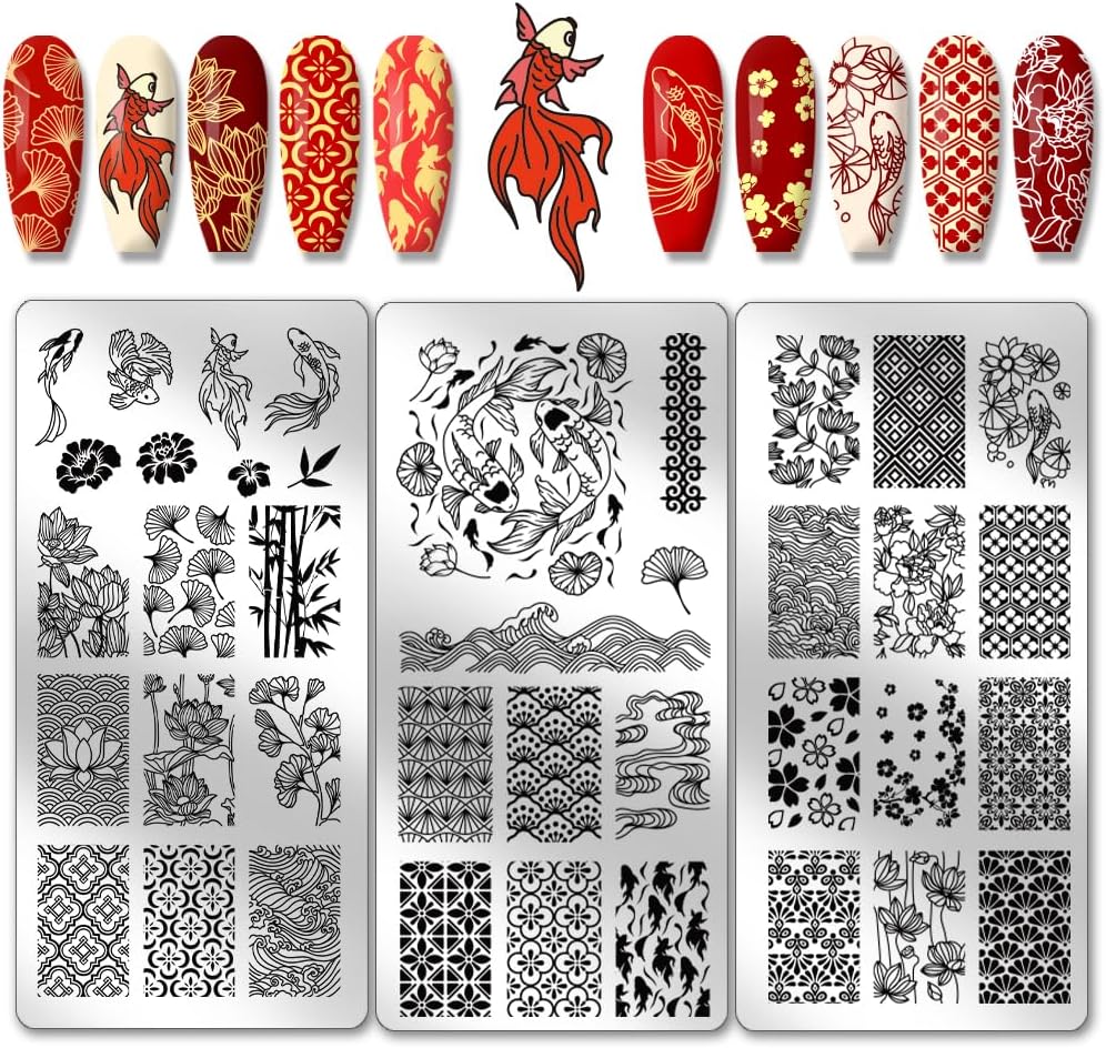 PH PandaHall 3 stuks nagelstempelplaten Koi, East Lotus Nail Stamper Plum Bossom sjablonen voor Nail Art van roestvrij staal fotoplaat voor nail-art design manicure salon